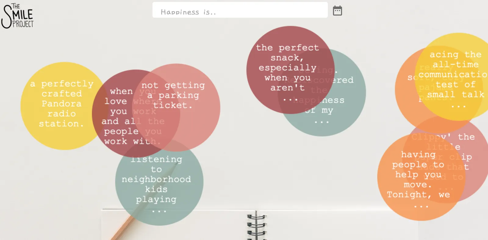Screenshot of the Digital Happiness Notebook "bubble site"